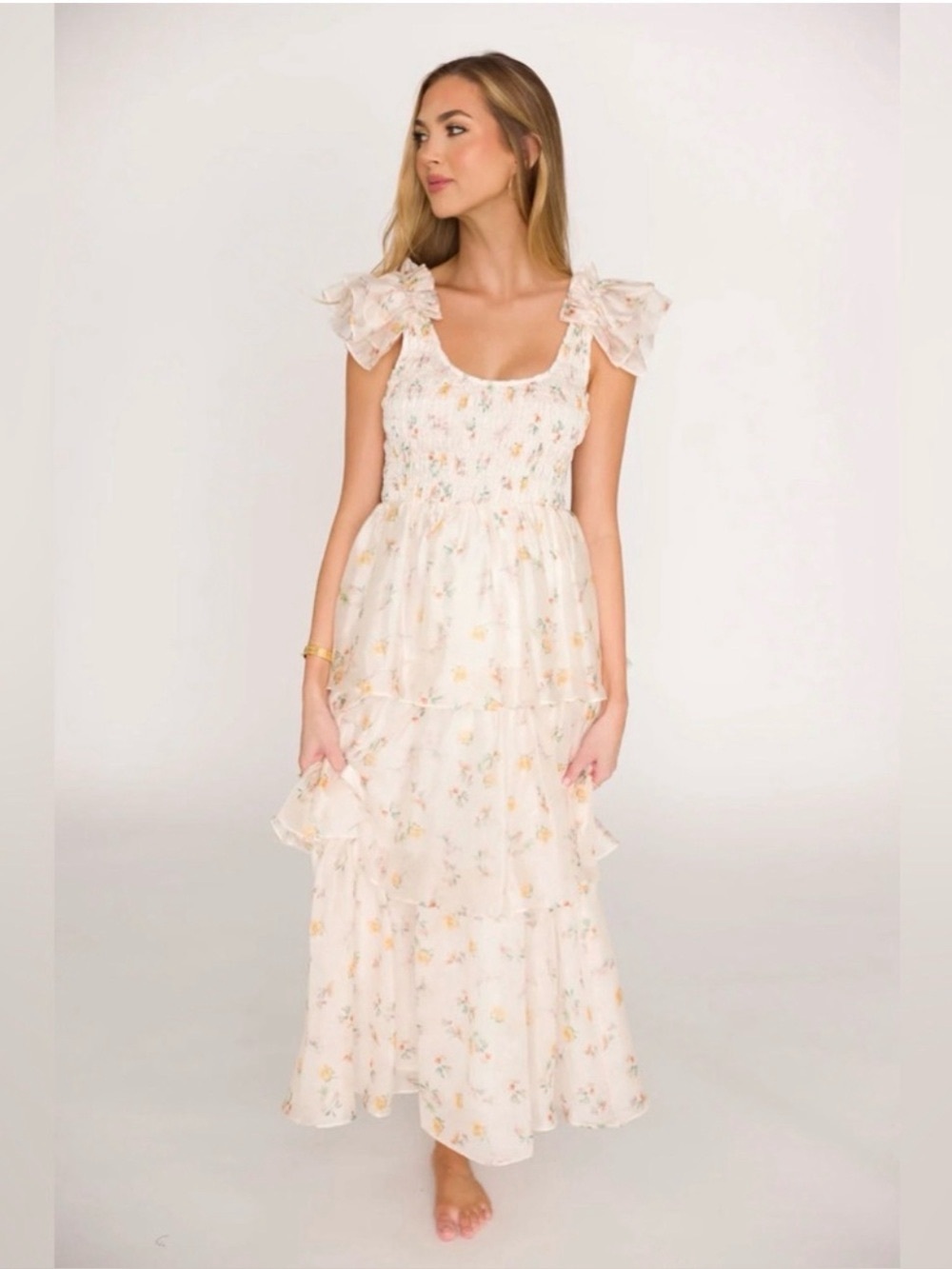 Smocked Cream Floral Maxi Dress with Ruffle Straps